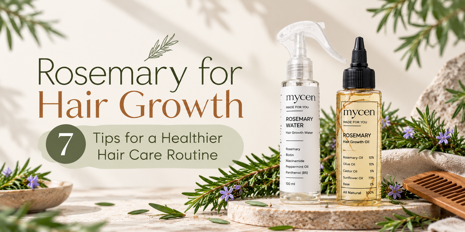 Rosemary for hair growth: Mycen rosemary water spray and rosemary hair oil with fresh rosemary sprigs